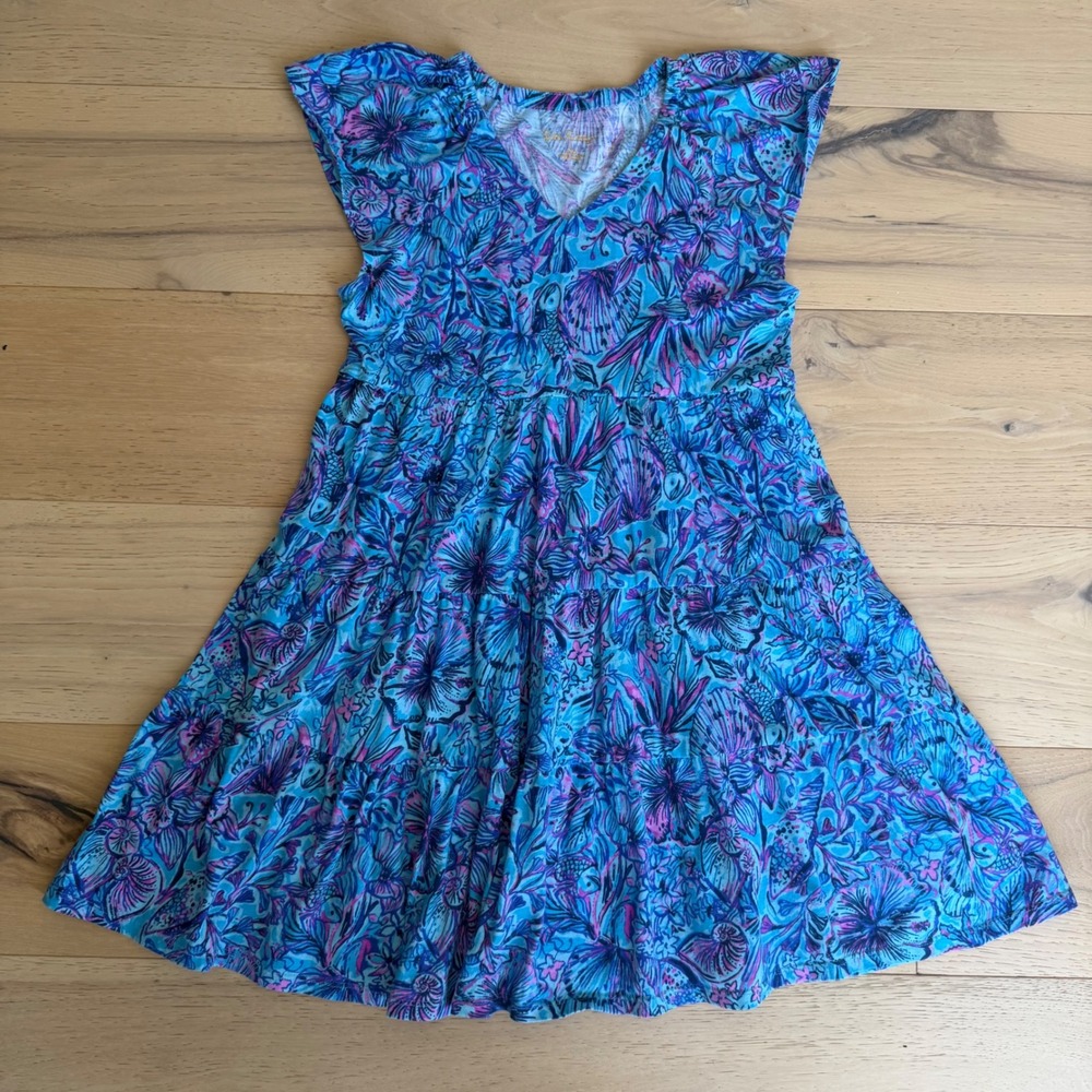 Lilly Pulitzer Kawaii Blue Floral Tiered Cotton Dress Girls Size L 8-10